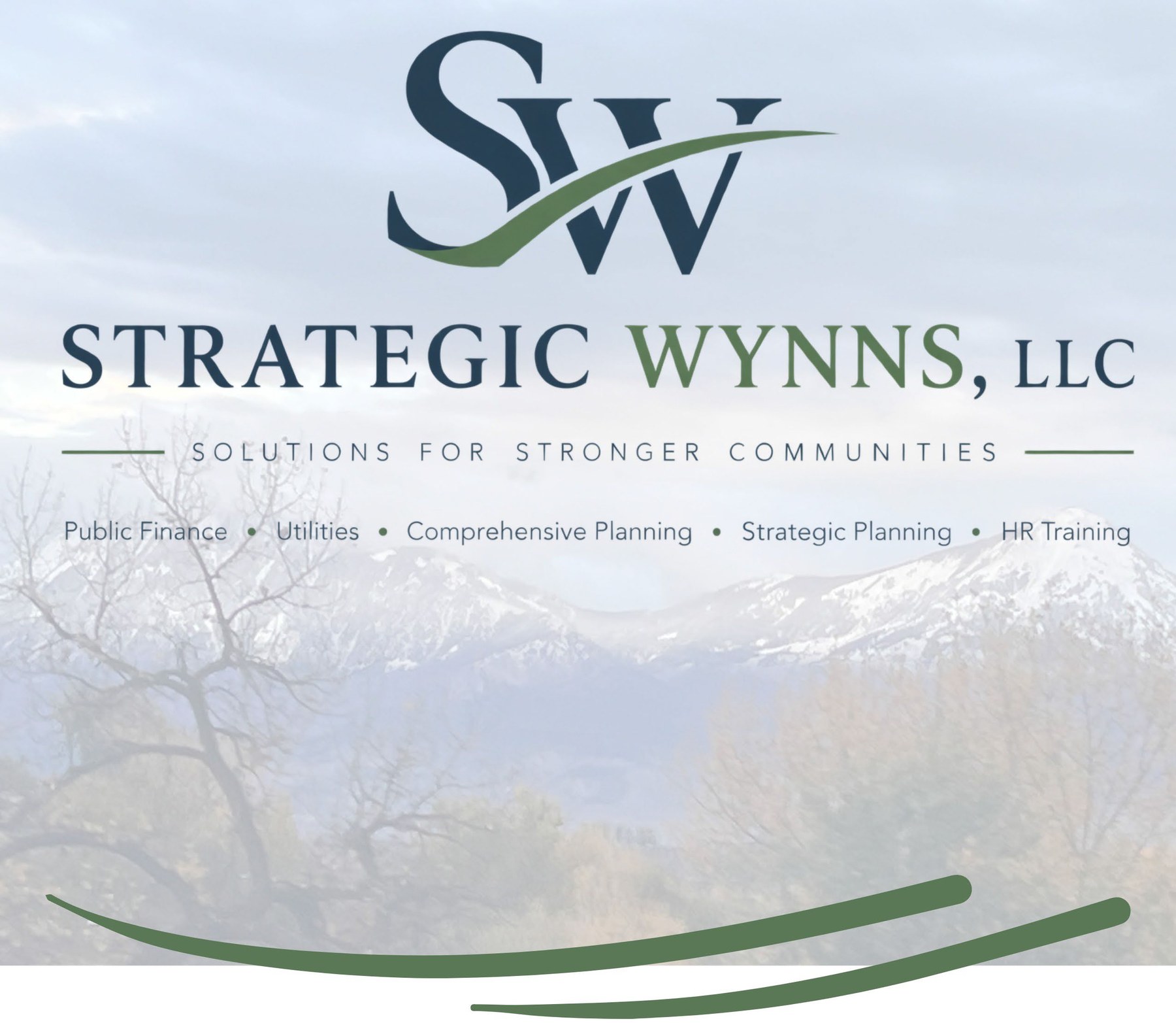 Strategic Wynns LLC cover artwork: SW monogram, wordmark, and tagline over a mountain landscape. Public Finance · Utilities · Comprehensive Planning · Strategic Planning · HR Training. Cover photograph by Stefen Wynn.